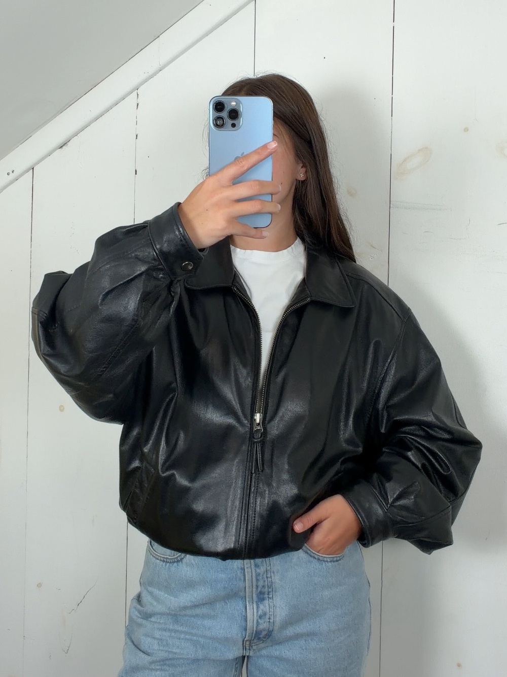 Vintage Black Genuine Leather Bomber Jacket Men’s Large 90s Y2K Full Zip Lined